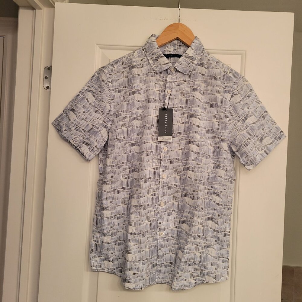 PERRY ELLIS  Short Sleeve Wave Linen Blend Button Down Shirt Size S Gray Blue